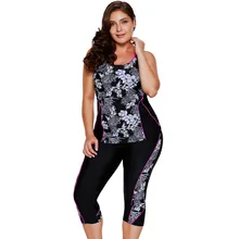 Резной цветочный принт купальник черный танкини и капри набор высокая эластичность пляжные купальники размера плюс 4XL