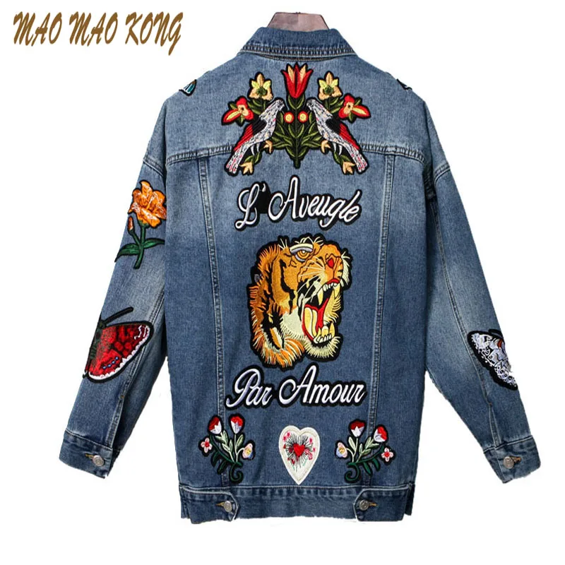 

High Quality Women Tiger Butterfly Flower Bird Animal Pattern Embroidery Denim Jacket Turn Down Collar jeans Coat Outwear