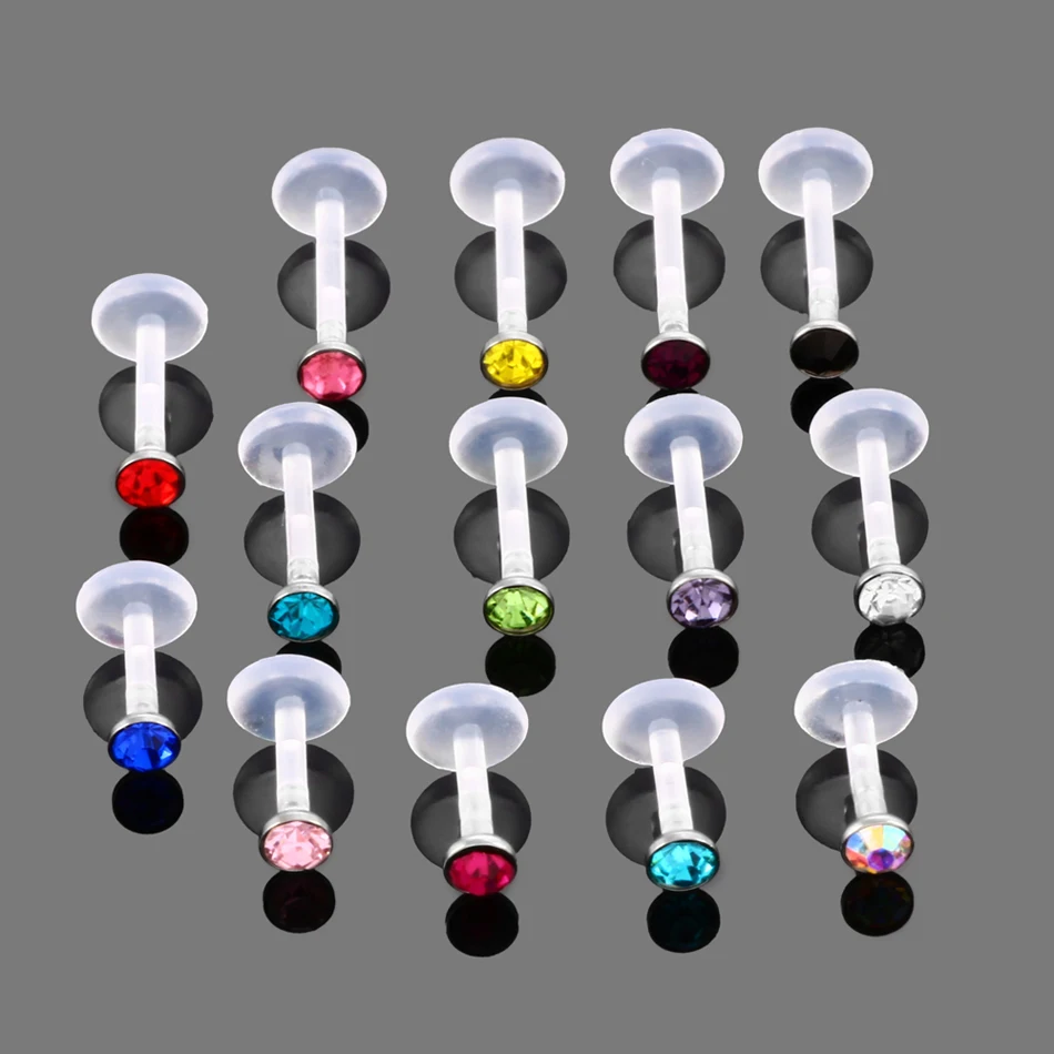 14pcs/lot PTFE Bioplast Lip Piercings Crystal Labret Ring Lip Morne