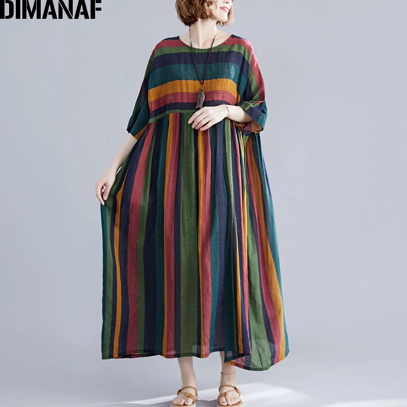 Женское платье в полоску DIMANAF свободное винтажное большого размера 5XL 6XL летняя