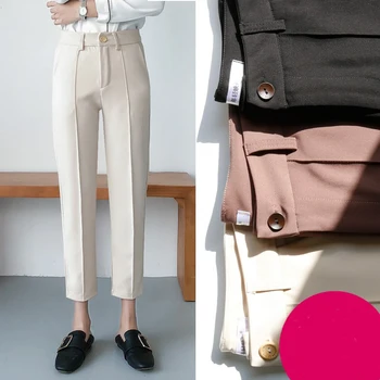 

Autumn Feminine White Black Casual Trouse Bottom Office Lady Suit Pants Solid High Waist Zipper Ankle-Length Pants Harem Pants