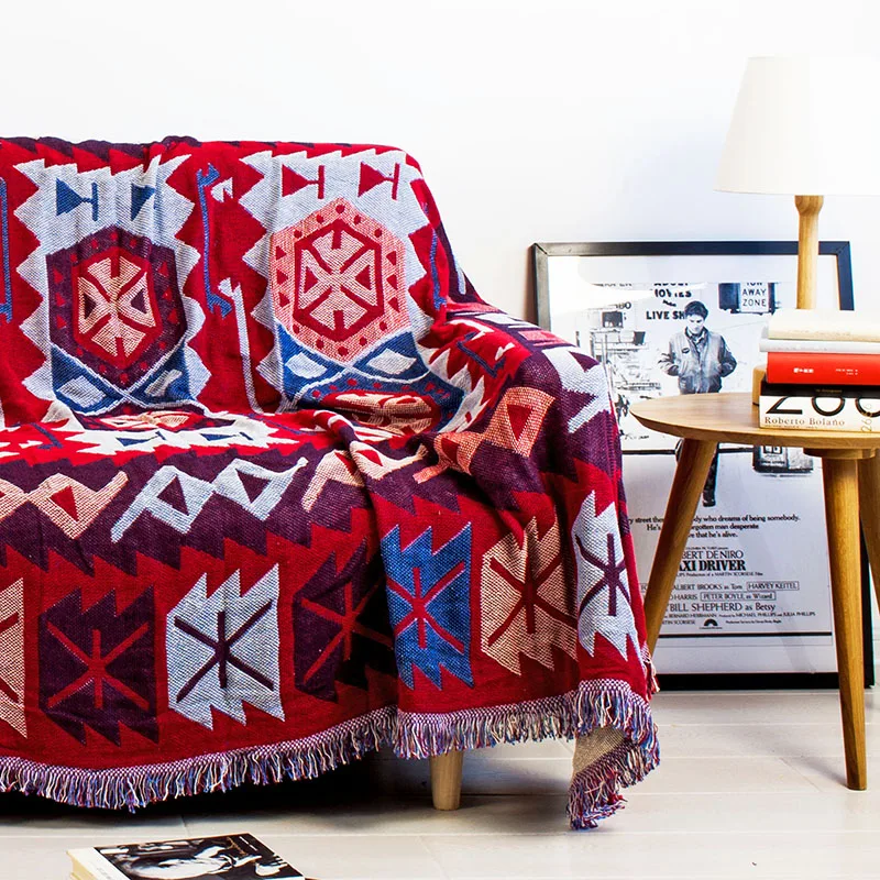 Bohimian Red Ethical Style Woven Soft Sofa Blankets Throws Rugs Sofa
