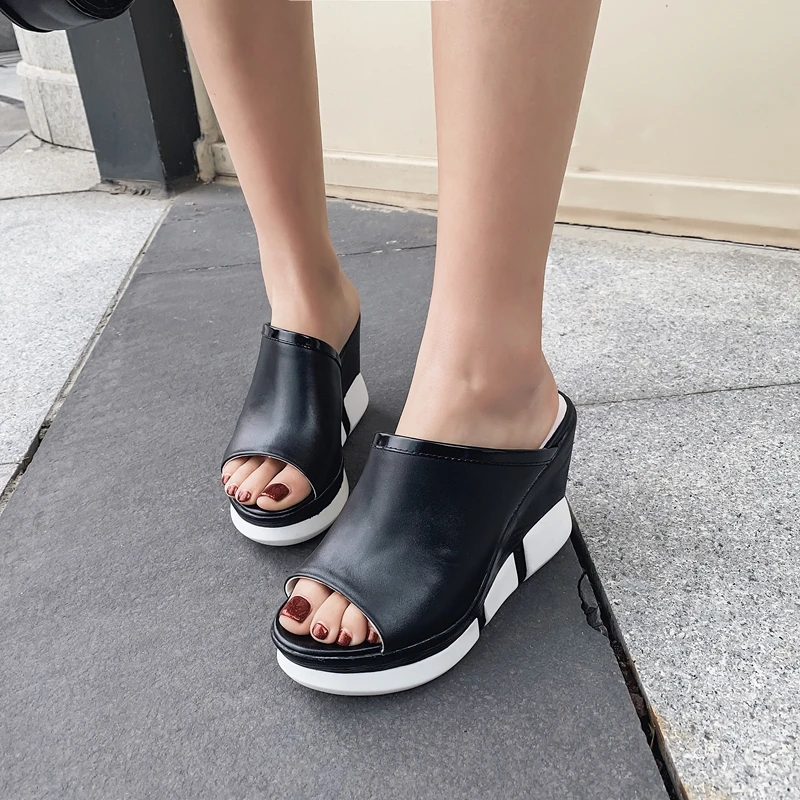 ANNYMOLI для женщин Летняя обувь, шлепанцы натуральный пояса из натуральной кожи на платформе танкетке обувь высоком каблуке корова кожа
