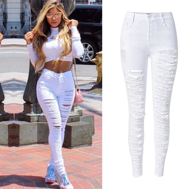 Pantalones vaqueros ajustados de cintura alta para mujer, pantalones  vaqueros elásticos blancos/negros, pantalones de Vaqueros pitillo -  AliExpress Ropa de mujer