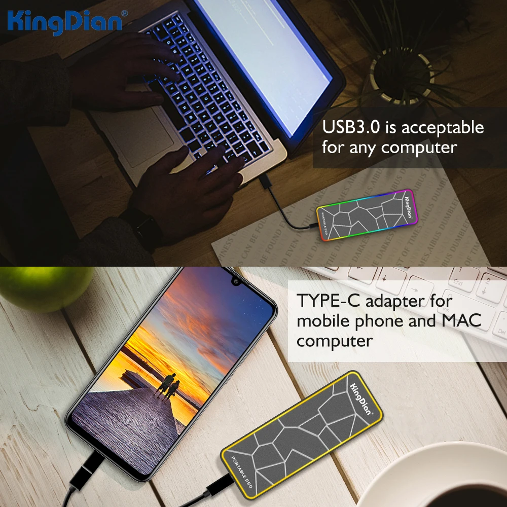 KingDian 노트북 휴대폰용 외장 솔리드 스테이트 드라이브 조명, 외장 SSD, 120GB, 250GB, 500GB M,2 SSD 2280, USB 3.0