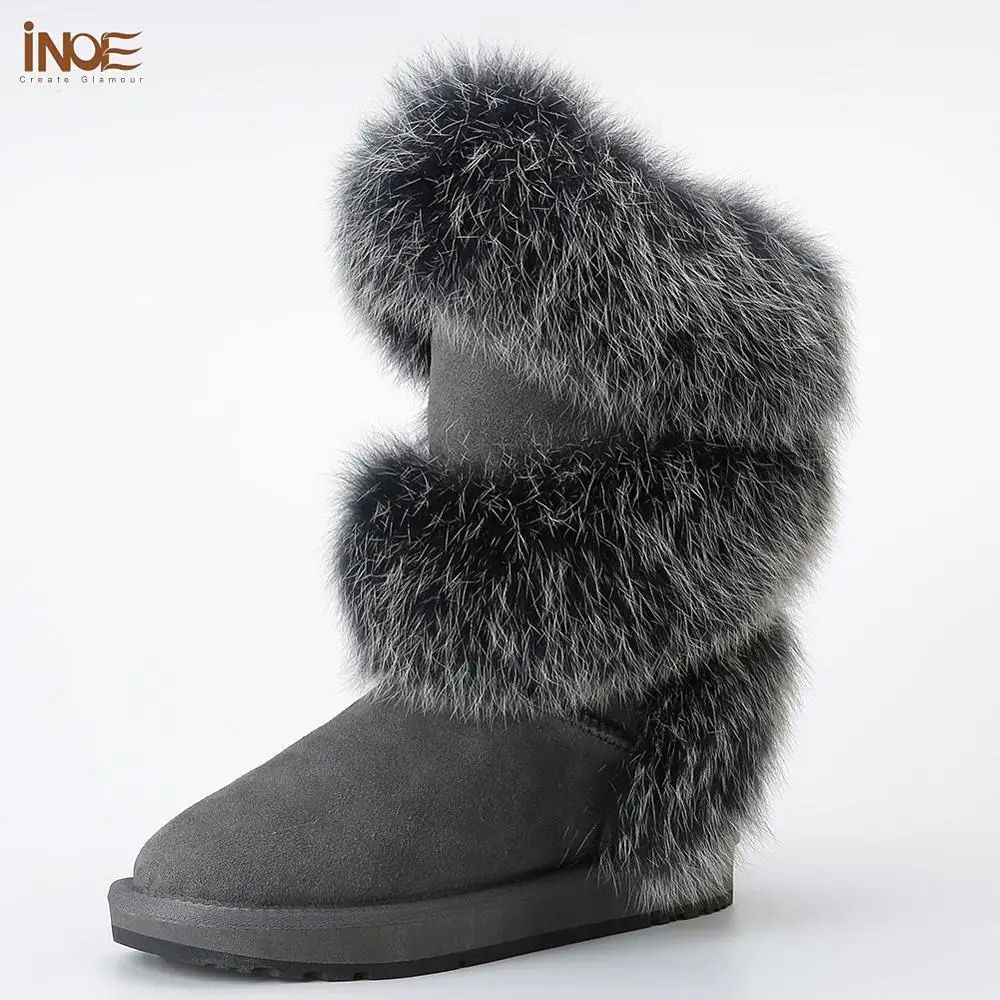 INOE/Роскошные модные женские зимние сапоги из мягкой лисьего меха; зимняя обувь из овечьей замши с меховой подкладкой; Цвет черный, серый