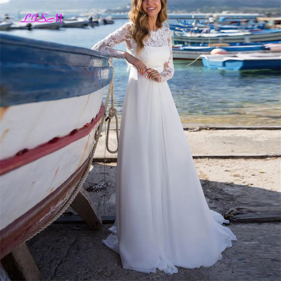 

LISM Long Sleeves Lace Beach Wedding Dresses 2019 Chiffon Boho Wedding Dresses Bridal Gowns A-Line Bride Dress vestido de noiva