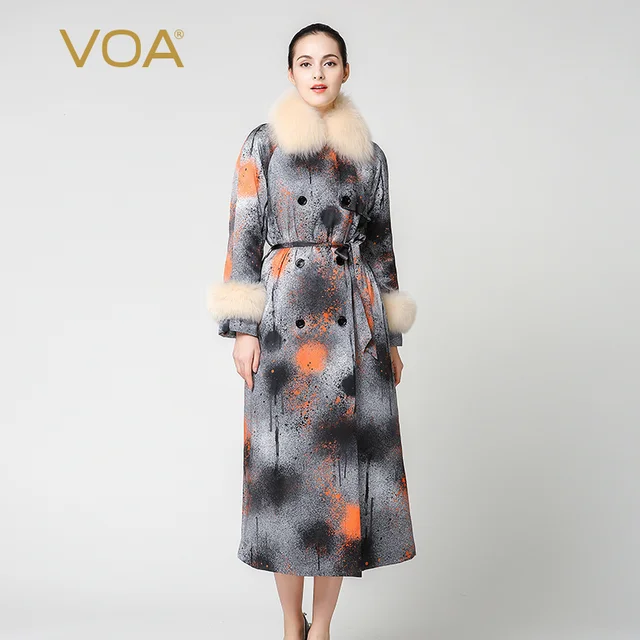 Cheap Fur coat VOA gray polka dot double breasted luxury fox fur collar coat women winter lengthen down ladies parkas M6302