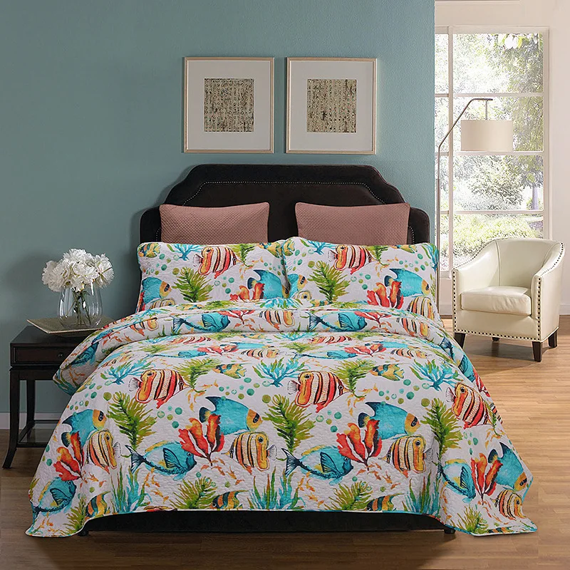 

Cotton Quilt Set Colourful Print Bedspread 3PCS Quilted Coverlets Washable Pillow Shams King Queen Marine Style Bedding