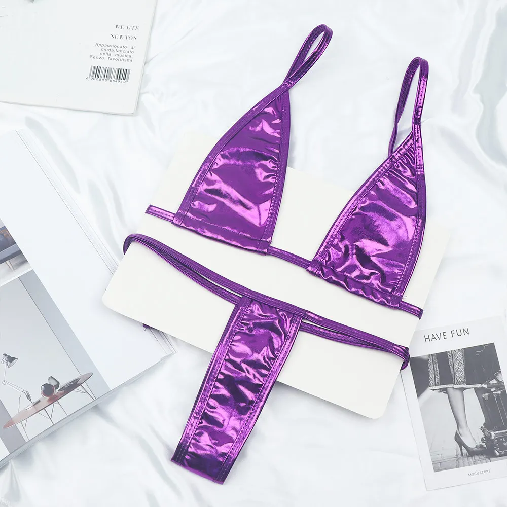 Сексуальный комплект женского нижнего белья из искусственной кожи, эротическое белье, женское белье, три точки бикини, бюстгальтер и стринги - Цвет: Фиолетовый