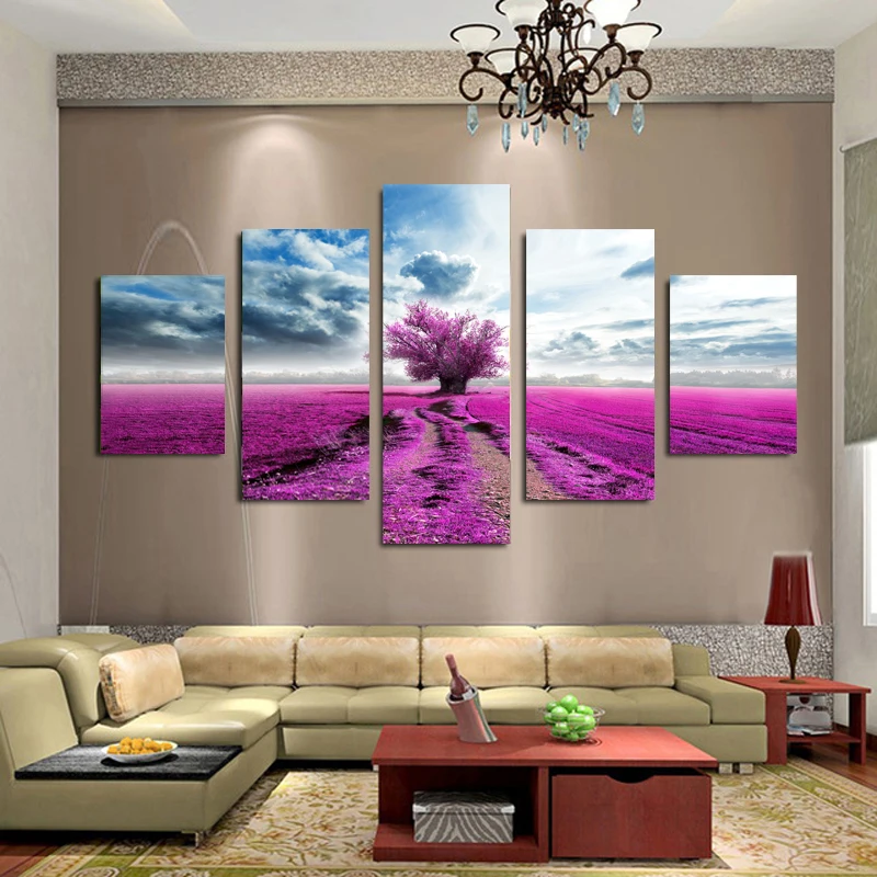 5 Panel Canvas Wall Art Purple Tree Painting Large Pictures Living Room