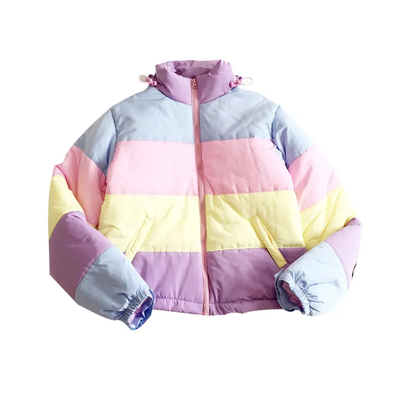 2019 Rainbow colorful Cotton Padded Parkas Women Autumn Winter Detachable hat Coat Macaron Pastel Panel Puffer Jacket Coats