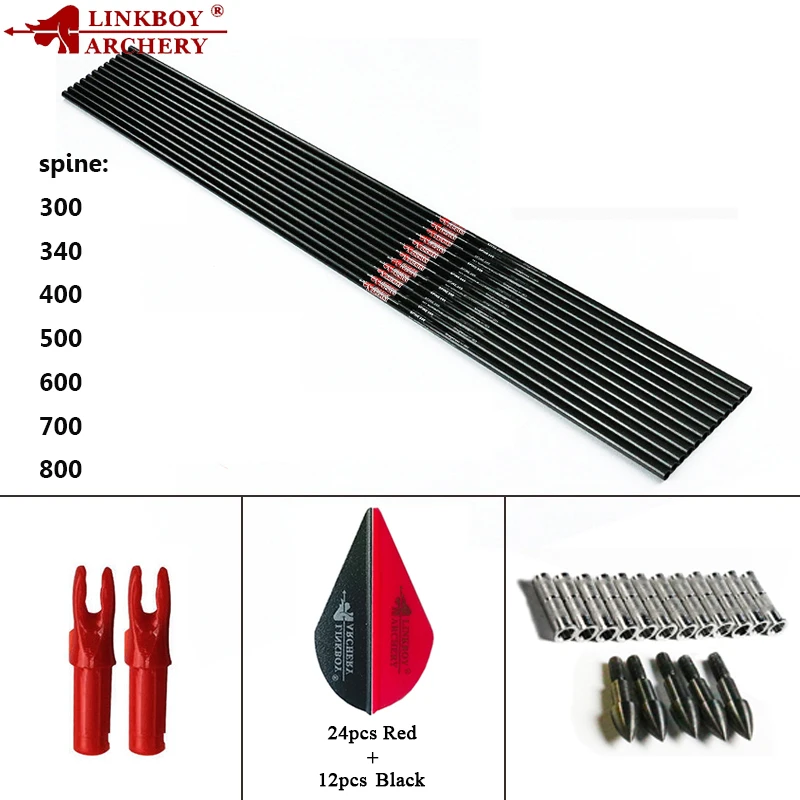 

12PCS Linkboy Archery Carbon Arrow Shaft 30'' Insert 2'' Vanes Nocks Broadheads Compound Bow DIY Archery Hunting