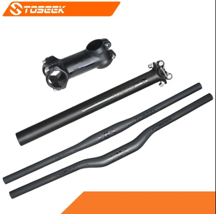 

TOSEEK Full Carbon Fiber Bicycle Handlebar Set 3k Flat Riser Cycling Handlebars+Stem +Seatpost MTB Road Mountain Bicicleta Parts