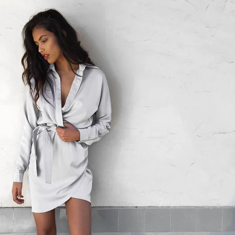 

2017 Autumn & Winter Sexy Dress Belt Satin Wrap Dress Shirt Casual Elegant long Sleeve Party Club Dress Women Dress Vestidos