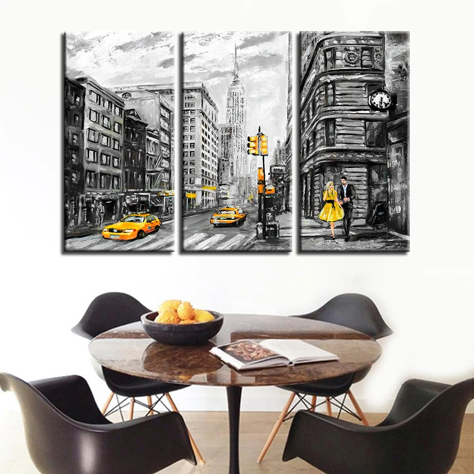 Печать на холсте плакат стены искусство абстрактные картины 3 шт. Нью-Йорк улица желтый такси автомобиль картины Домашний Декор модульная рамка