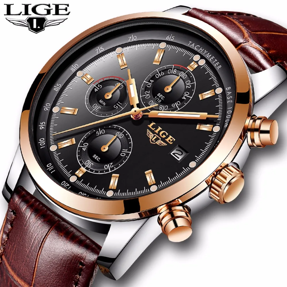 

2018New LIGE Mens Watches Top Brand Luxury Leather Quartz Watch Men Military Sport Waterproof Clock Gold Watch Relogio Masculino