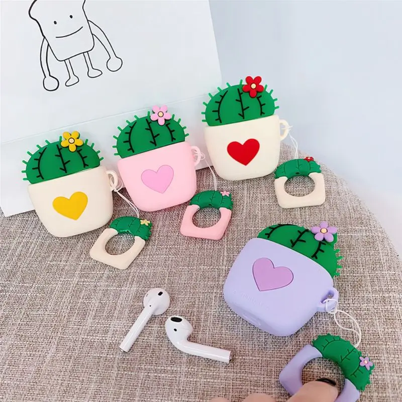 

Cute Cactus Heart Pattern Soft Silicone Protective Cover Shockproof Case Skin Shell With Lanyard for Airpods 1/2 Charging Box