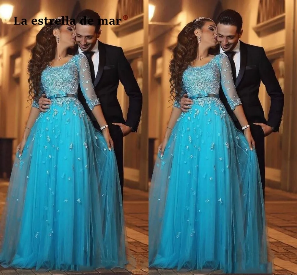 Robe de bal longue2019 Новое Кружевное Кристальное платье с длинными рукавами ALine сексуальное прозрачное бирюзовое платье плюс размер черное вечерное платье для женщин