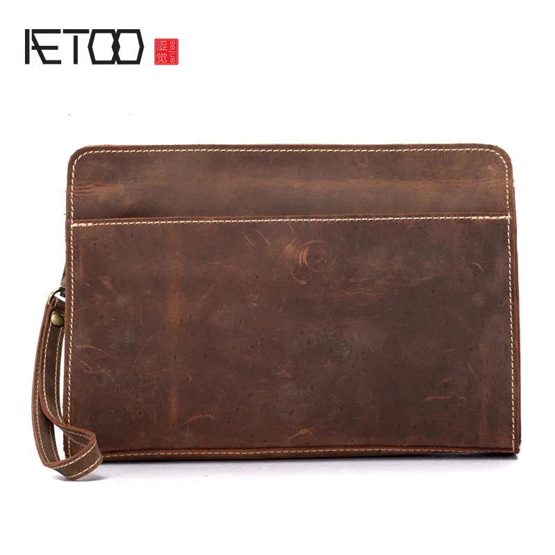 

AETOO Crazy horse leather men's bag retro first layer leather business clutch zipper bag large square wallet