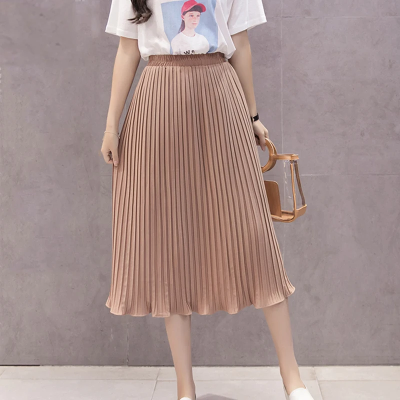 

2018 New Women Skirts New Fashion Women's High Waist Pleated Solid Color Knee Length Elastic Skirt All-match chiffon Clothing