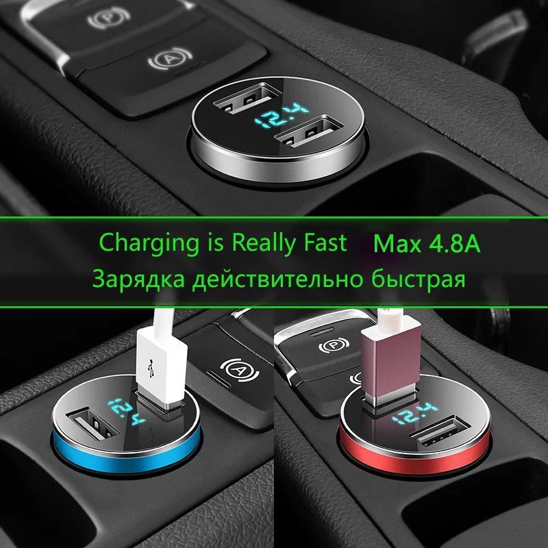 Умное автомобильное зарядное устройство USB для телефона, быстрое зарядное устройство Max 4.8A светодиодный автомобильный адаптер с двумя портами, автомобильное зарядное устройство из сплава для Xiaomi iphone x lenovo z5