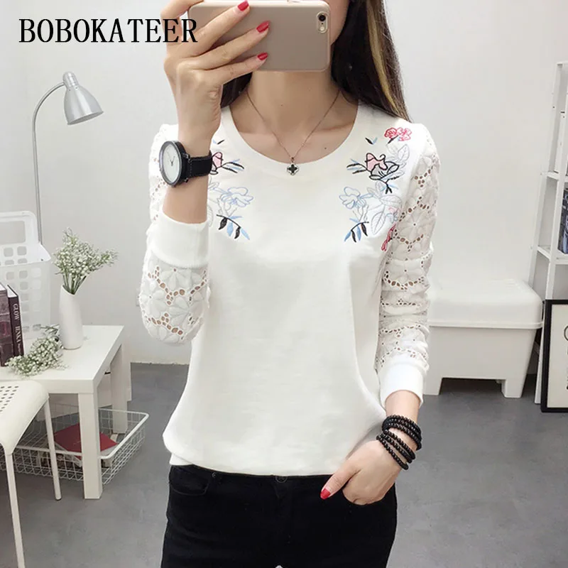 BOBOKATEER bordado t camisa mujeres camiseta tops de encaje de manga larga camiseta mujer t camisas camiseta blusas de mujer de moda 2018 BOBOKATEER bordado t camisa mujeres camiseta tops de encaje de manga larga camiseta mujer t camisas camiseta blusas de mujer de moda 2018