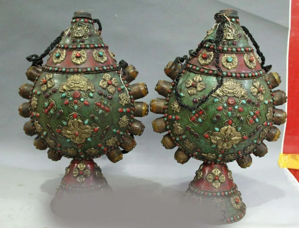 

18" Tibet Buddhism Temple Bronze inlay Beeswax Turquoise Gem Vase Flagon Pair