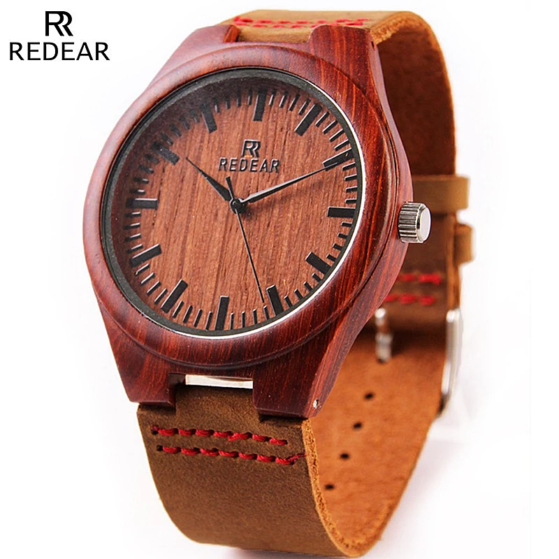 

REDEAR Luxury Red Sandalwood Watch Genuine Leather Wood Watch Men Watch Popular Wooden Watches Clock Men saat relogio masculino