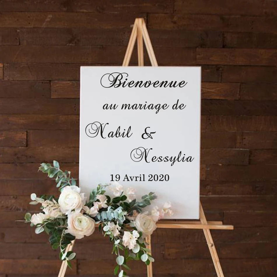 Добро пожаловать на свадьбу, зеркальные наклейки индивидуальные имена Дата виниловые наклейки на стены Стикеры свадебное оформление Графический украшение места Wall Art плакат французский AZ211