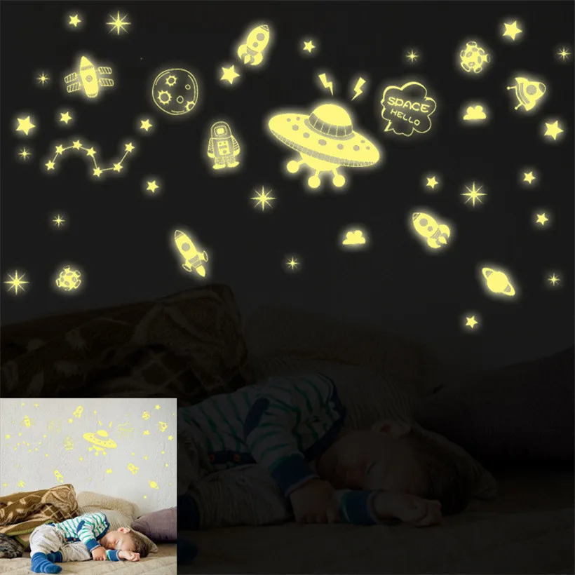 

Wallpaper Sticker DIY Decal Kids Boys Space Rocket Glow In Dark Reusable Playroom Wall Stickers Wallpapers For Living Room B#