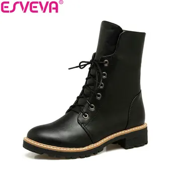 

ESVEVA 2018 Women Boots Western Style Square Med Heel Short Plush Ankle Boots Autumn Spring Round Toe Ladies Boots Size 34-43