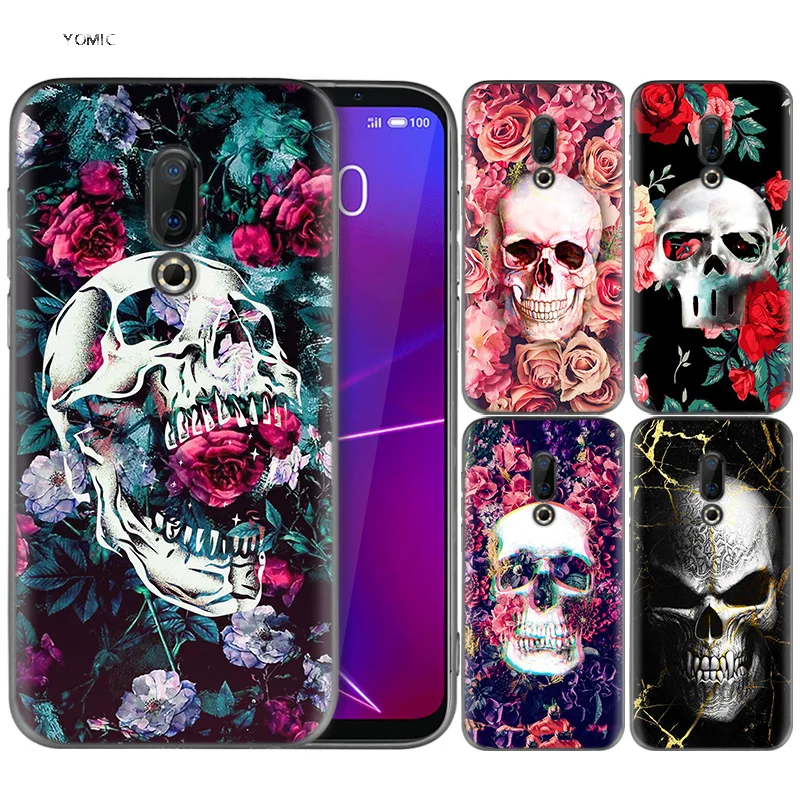 

Silicone Case for Meizu 16 16th M6T Black Dark Coque Shell Cell Phone Tpu Cover Dull Polish Floral Sugar Skull
