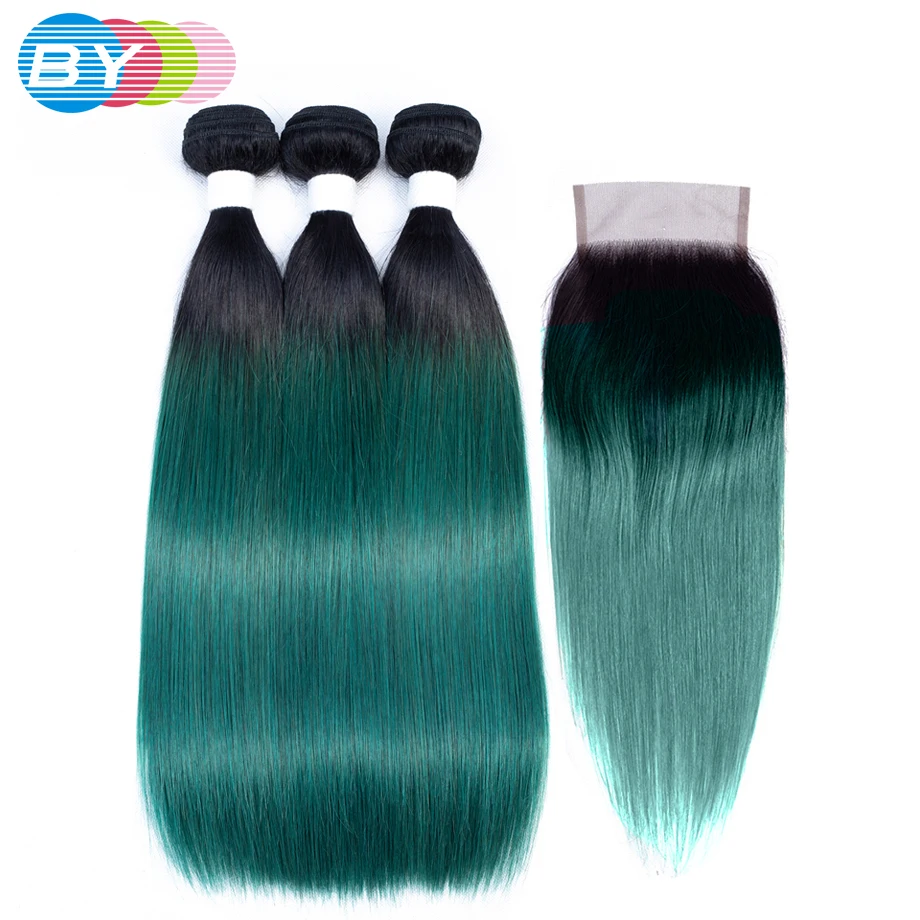 

BY Straight Hair Bundles With Closure Brazilian Hair Weave Bundles With Closure Ombre Bundles With Closure OT Dark Green Color