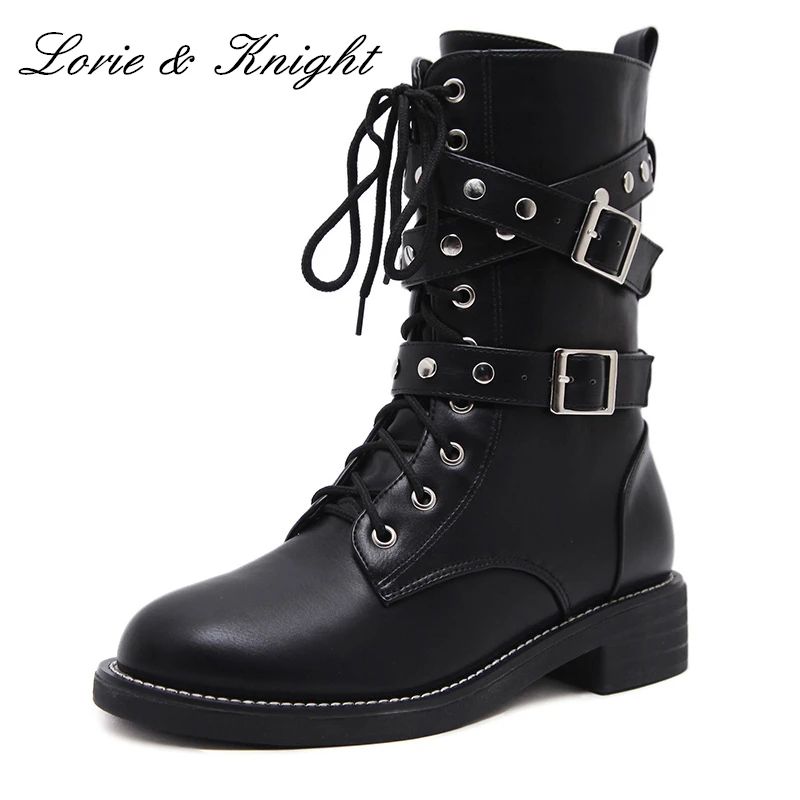 Women's 2017 Winter Motorcycle Boots Lace up Rivet Straps Mid Calf ...