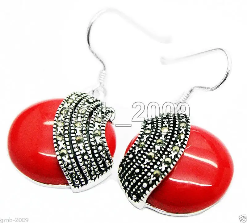 

HOT SELL - Fashion 925 Sterling Silver 18*18mm Red Coral Coin Marcasite Earrings -Top quality free shipping
