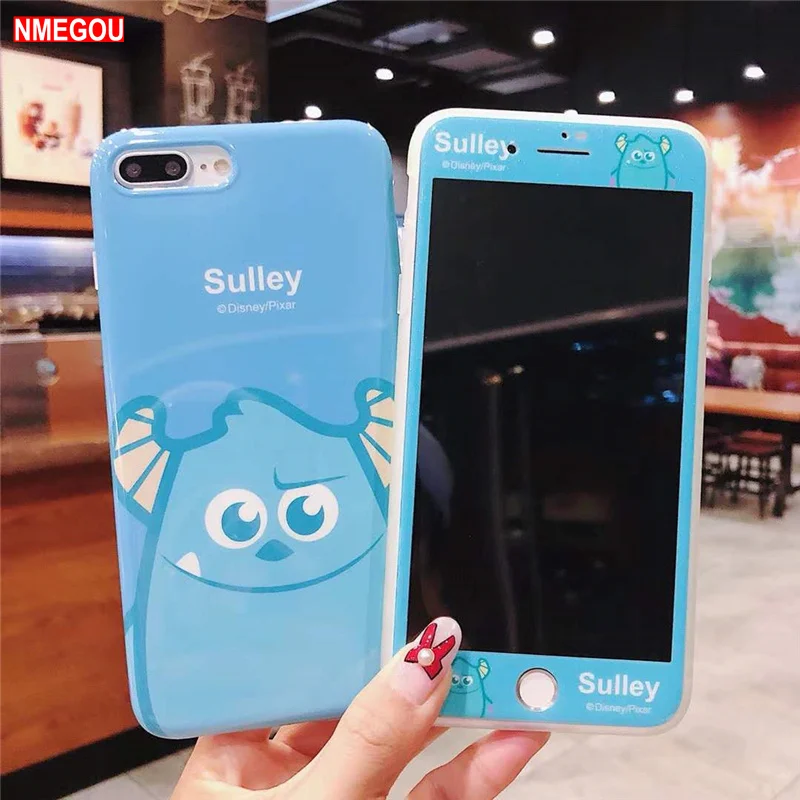 

3D Cute Cartoon Big Eye Monsters Monocular Sulley Mike Silicone Phone Case + Glass Film for IPhone X XS 8 7 6 6s Plus Soft Cover