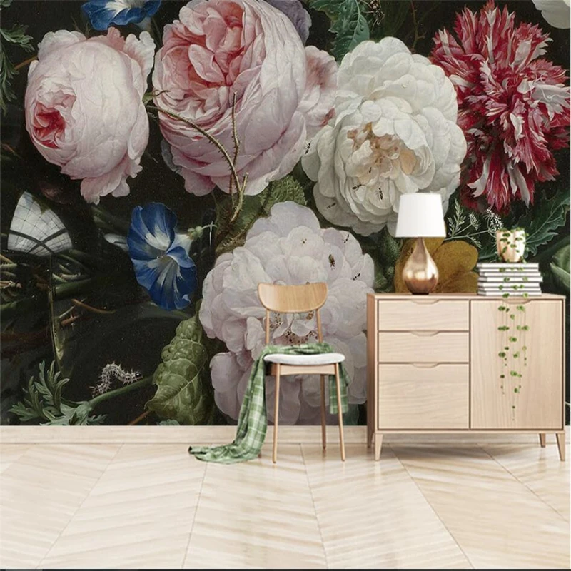 

wellyu European retro hand-painted roses flower TV background wall custom large mural green wallpaper papel de parede