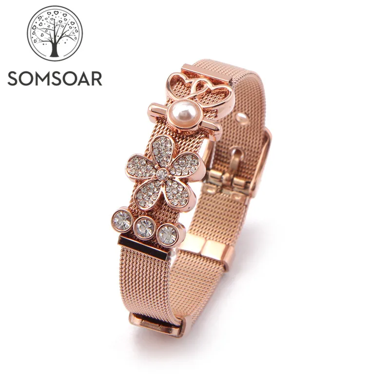 

Dropshipping Somsoar Jewelry Love Mom Flower Mesh Bracelet Stainless steel DIY Charmbands Bracelet Bangle for Mother's Day gift