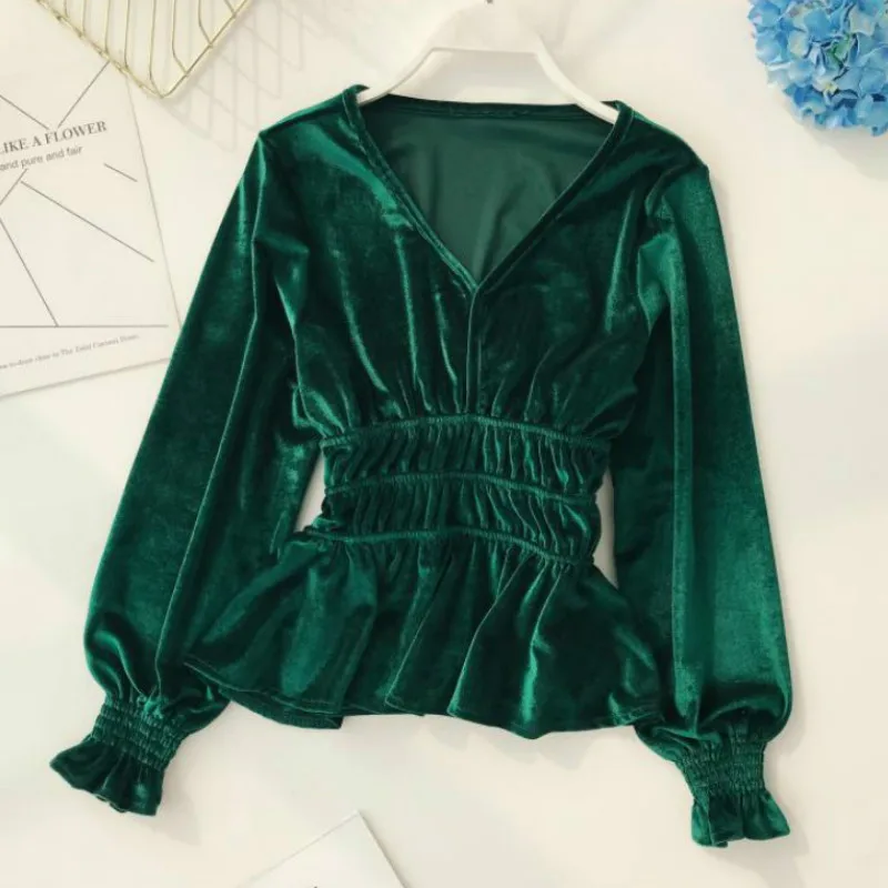 

Chic Velvet V-neck Blouses Long Bubble Sleeved Ruffles Mini Pleated Shirts High Waist Spliced OL Tops