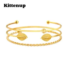 Kittenup New Trendy Boho 3 Piece Gold Color Leaf Feather Twisted Rope Charm Bangles Jewelry Gifts For Women Classic Bracelets
