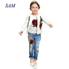 Модные комплекты одежды для девочек, детская куртка+ футболка+ рваные джинсы, комплект из 3 предметов, розовая куртка с длинными рукавами, рубашка, джинсовая одежда