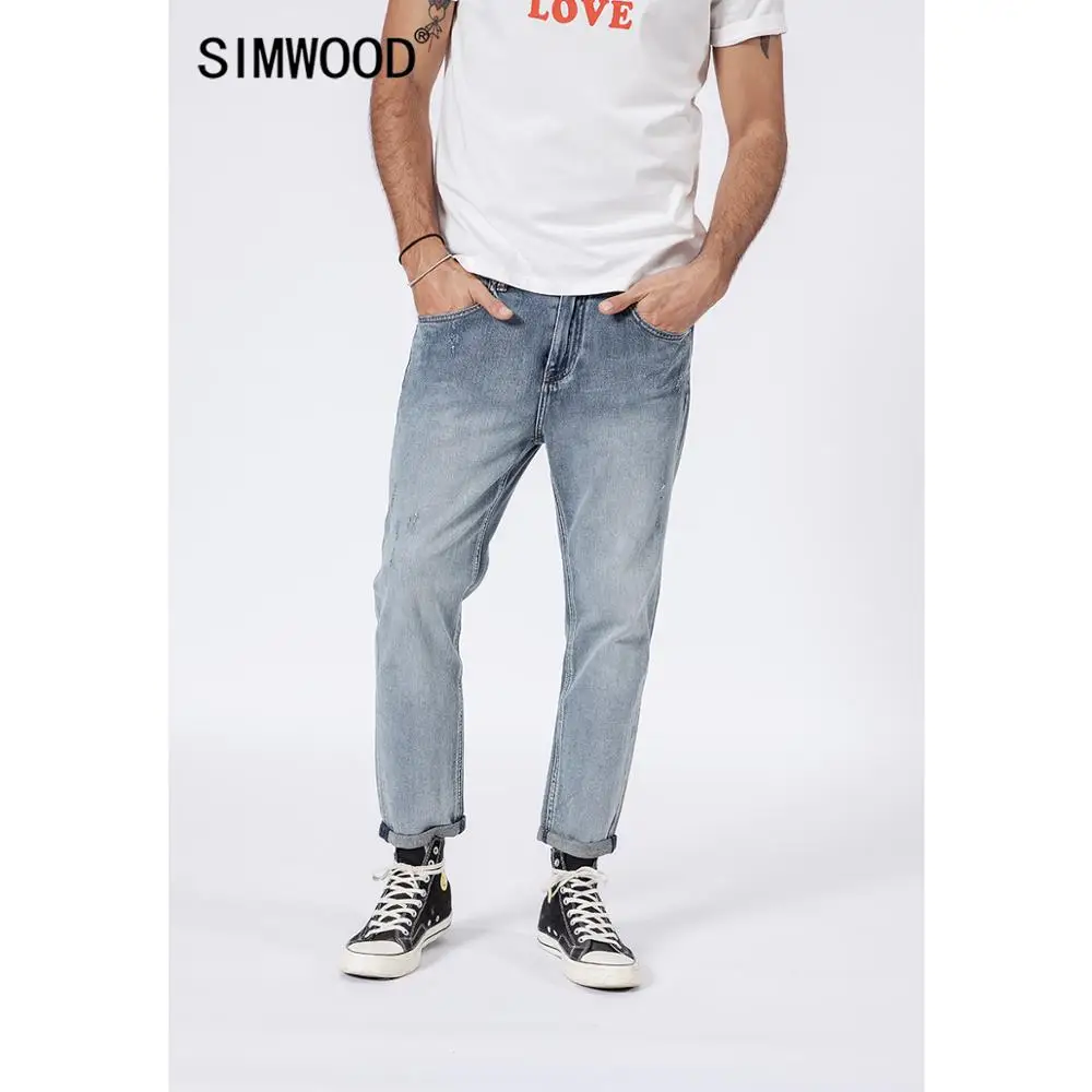 

SIMWOOD 2019 ankle-length jeans men fashion ripped slim fit scratched denim pants streetwear high quality plus size 180326