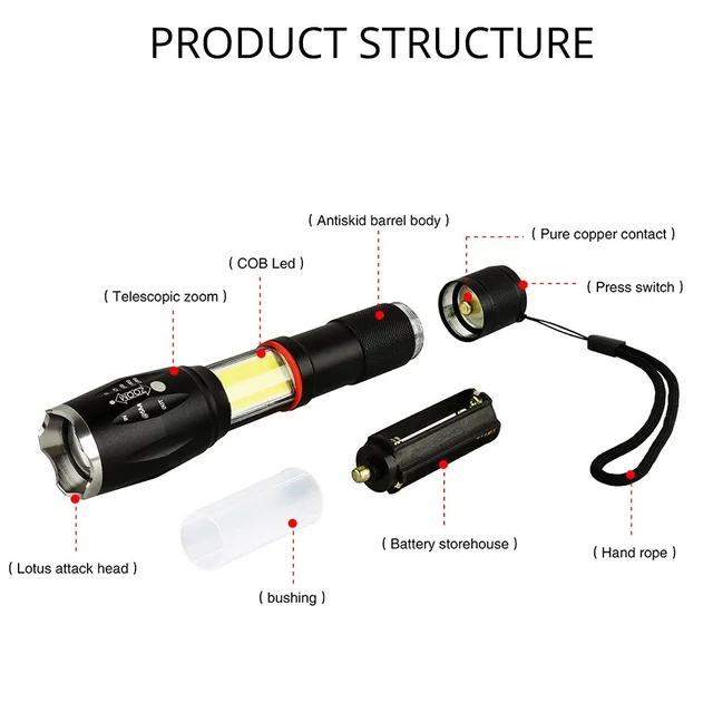 LED 8000 Lumens T6 Handheld Tactical Flashlight  COB Lantern Magnetic 6 Modes Water Resistant for Telescopic focusing work light 2