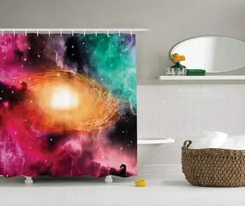 

Colorful Astronomy Picture of a Spiral Galaxy with Stars and Print Bathroom Set with Hooks Black Pink