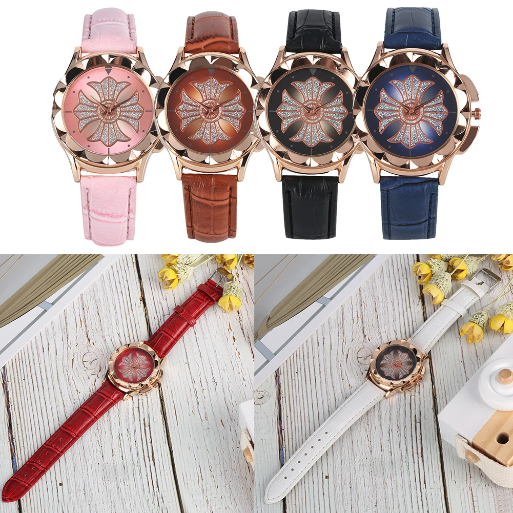 

Exquisite Quartz Watch for Women Unique Cross Flower Dial Watches for Female Premium Leather Band Strap Wristwatch for Friends