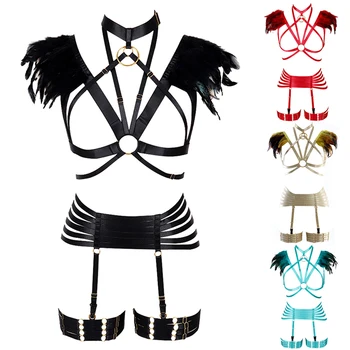 

Feather Body Harness Full Lingerie Set Black Fashion Punk Harajuku Breast Belts Plus Size Stockings Garter Dance Clothing Rave
