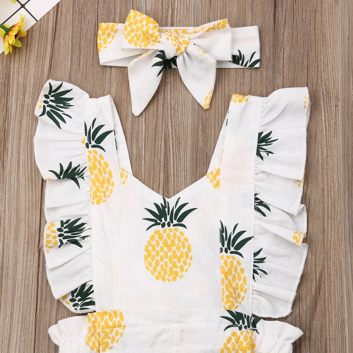 Г. Летняя одежда для малышей комбинезон с рисунком ананаса для новорожденных девочек и мальчиков желтый комбинезон с оборками и рукавами повязка на голову, праздничный наряд, комплект для детей от 0 до 24 месяцев