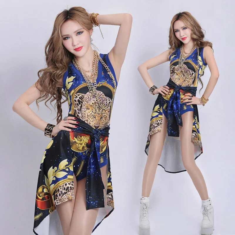 

Ds Costume Tiger Pattern Sexy Women Dj Twirled Hiphop Performance Wear Set Costumes