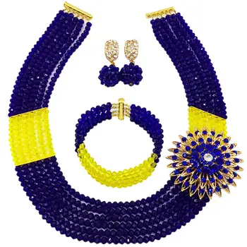 

Royal Blue Yellow African Beads Jewelry Set Nigerian Traditional Wedding Bridal Party Jewelry Set for Women 6C-SS033